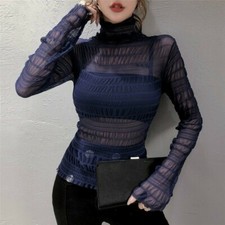 Femme Plissé Maille Dentelle Haut Chemise Pull T-Shirts Chemisier Pur Volant