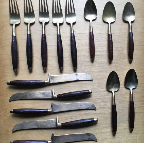 Mid Century Modern Brass Cutlery Rivited Teak Handle - Set Of 5 Fork Knife Spoon - Picture 12 of 12