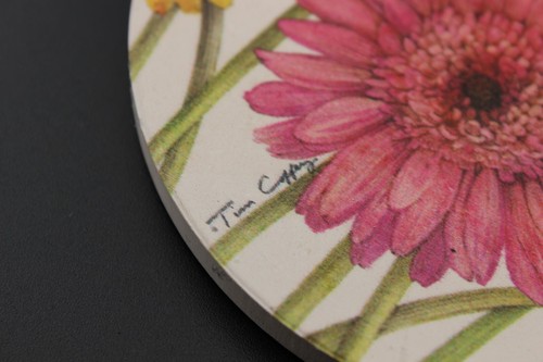 Tim Coffey absorbent stone coasters Gerbera Daisies Zinnia set of 4, cork backed - Picture 3 of 8