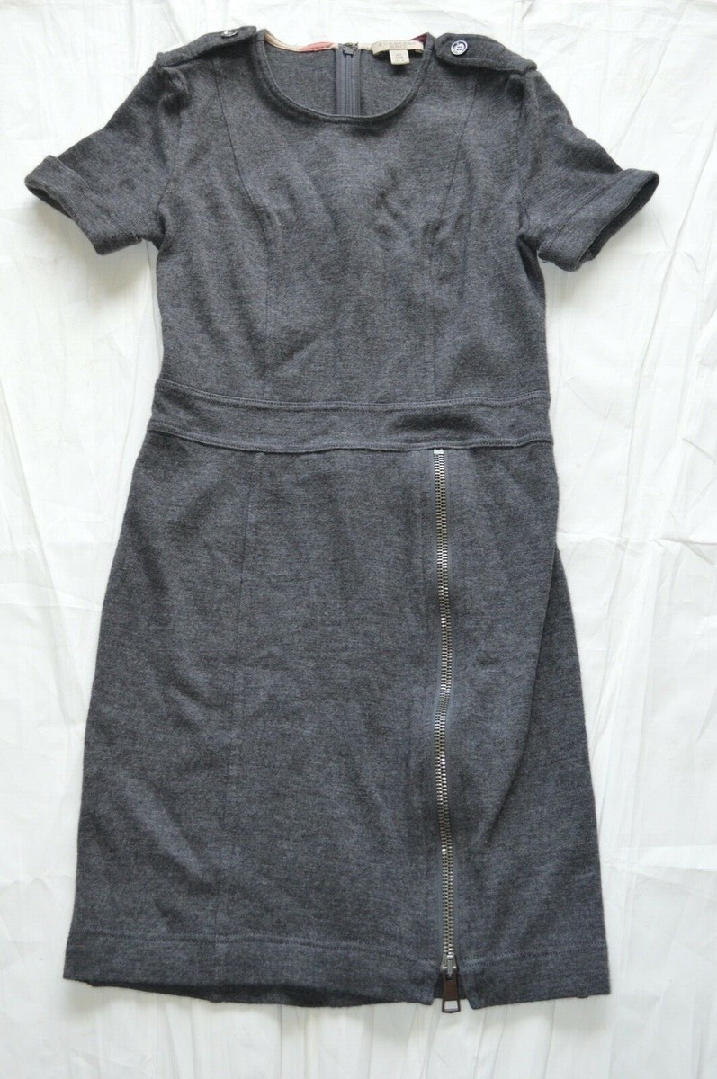 【関税&送料込】Burberry Embroidered Wool Dress Burberry Dark Grey Military Shoulder Front Zip Wool Dress