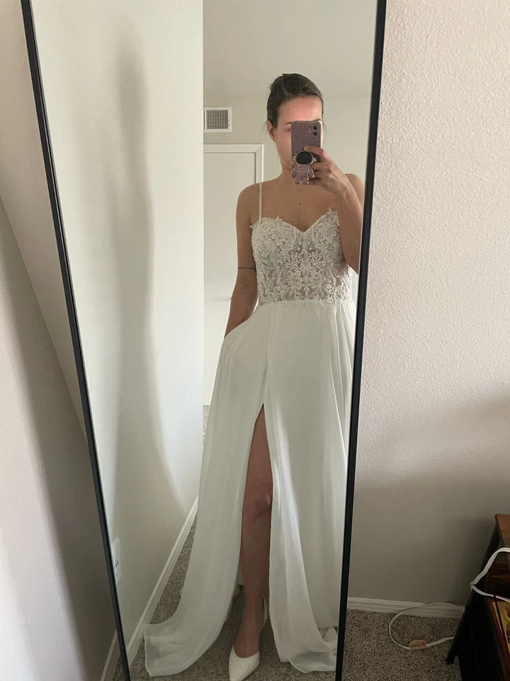 Mon Cheri, Talla 6, Vestido de Novia, Blanco, Escote Sweatheart, Línea A, Abertura Foto 3 de 4