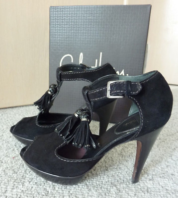 $398 Cole Haan Black Suede Nancy Air Sandals High Heels tassels platform SZ 10