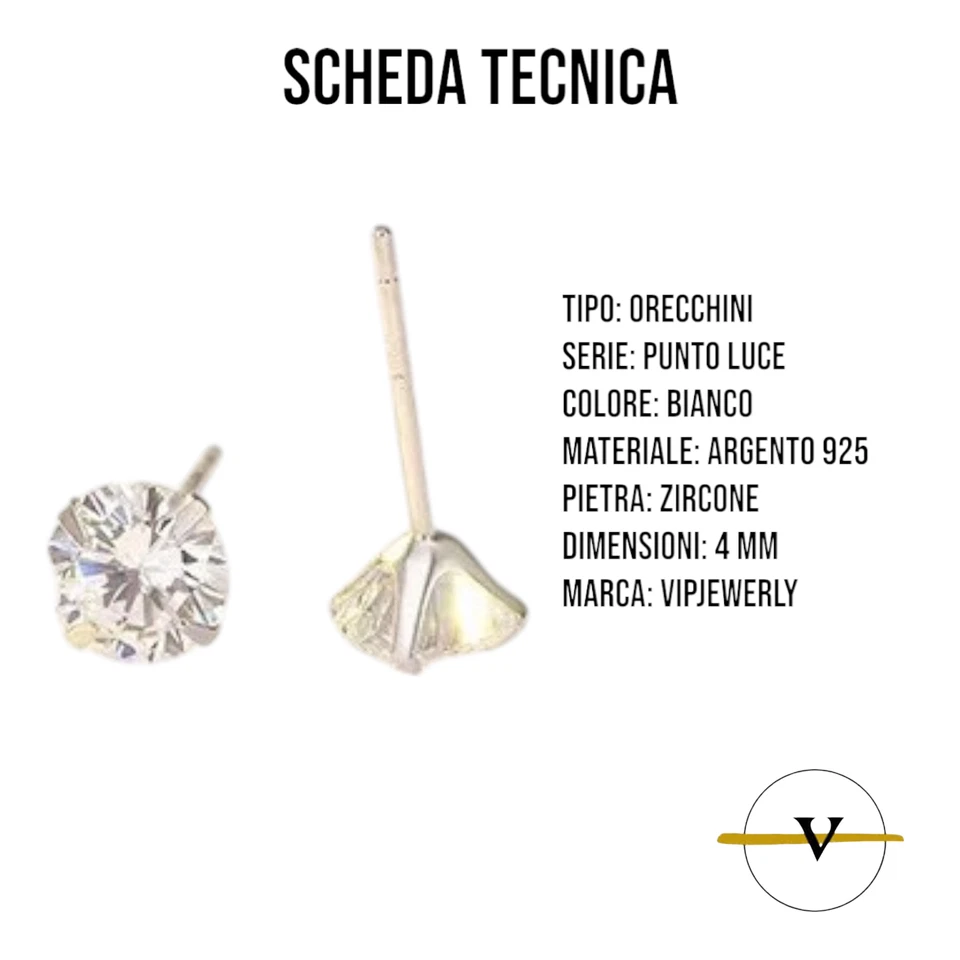 ORECCHINI DONNA UOMO PUNTO LUCE IN ARGENTO 925 COLORE BIANCO DIAMANTE 4 mm - Immagine 2 di 4