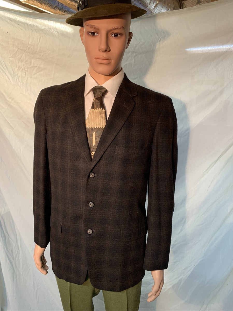 Vintage 1950s Curlee Clothes Black Brown 3 Button Wool Sport Coat 