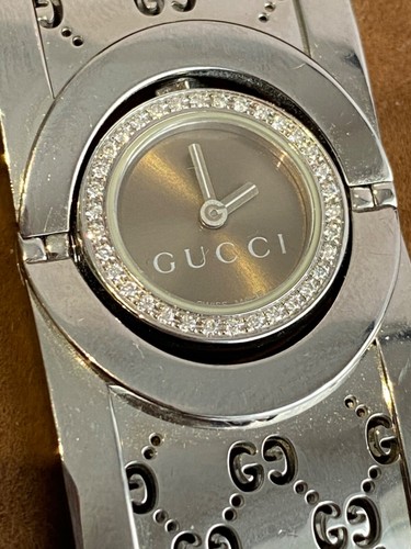 Gucci Twirl Watch 34 DIAMOND YA112 Silver Bracelet Bangle Brown Dial - Picture 3 of 13