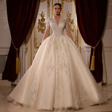 Long Sleeve A-Line Wedding Dress V-neck Appliques Beaded Princess Bride Gown