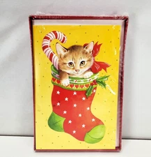 Vintage New Boxed Christmas Cards Kitty Cat in a Christmas Stocking 12 Cards/Env