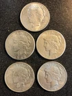 Lot of 5 US $1 90% Silver Peace Dollars, four 1922 & one 1923, Mixed Mint Marks