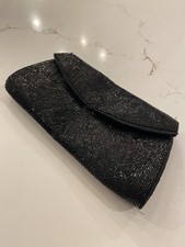 Vintage 1960s Black Micro-Beaded Clutch Bag Satin Lined 9  