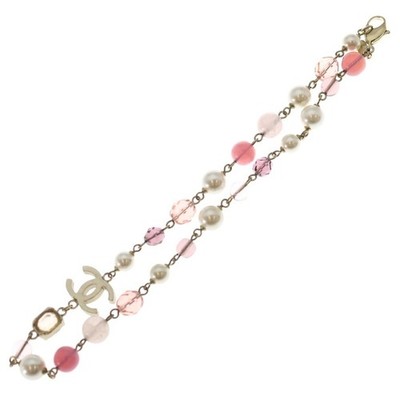 CHANEL Necklace Coco Mark Color Stone Pearl Pink/Gold GP Women's Accessory Rare