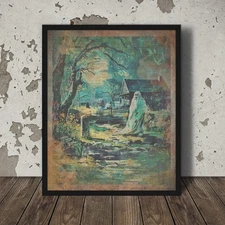 Vintage GHOST CEMETERY Wall Art, Paranormal Spirit Halloween Decor Horror Poster