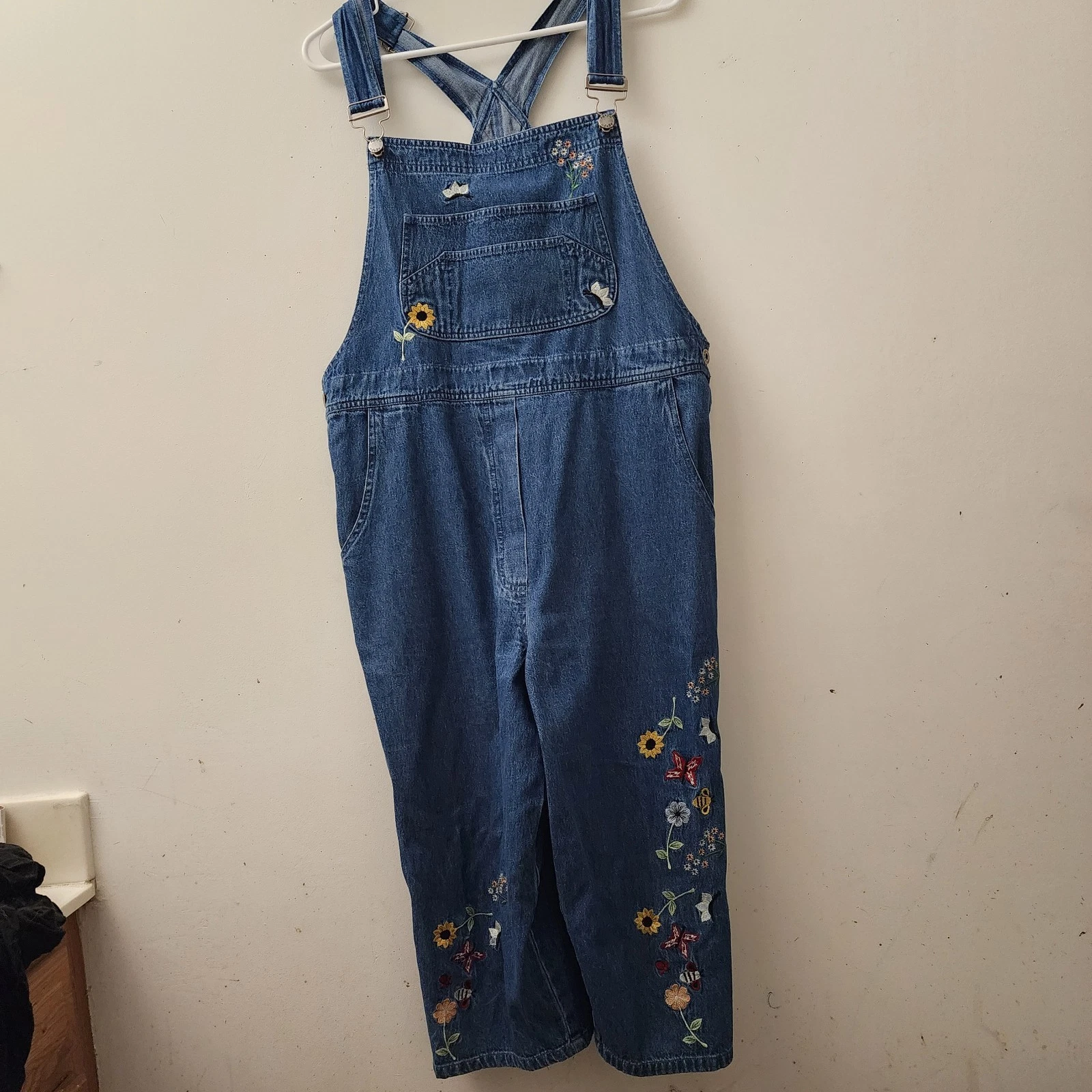 Agapo L Embroidered Flowers Cropped Overalls Garden Fairy Y2K Boho Green Witch