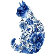 Blue Floral Cat Wood Jigsaw Puzzle Animal Shape Adult Kids Size Small NIB