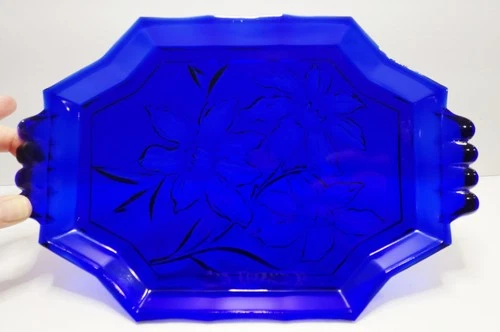Vintage Hazel-Atlas Royal Lace Floral Cobalt Blue Depression Glass Platter 13"