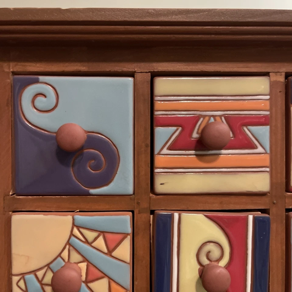 Boticario madera cerámica pintada a mano 9 cajones cofre joyería especias baratijas de colección Foto 4 de 4