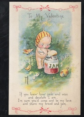 K42 Rose O'Neill Kewpie Doll Valentine Postcard Share my bread and jam Birds