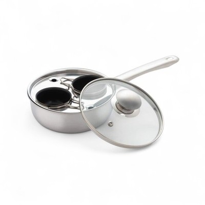 Egg Poacher Fry Pan 2-Cup 18/10 Stainless Steel Dishwasher Safe Glass Lid