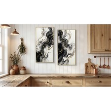 20x40" Set of 2 Minimalist Black Gold Abstract Framed Canvas Wall Art