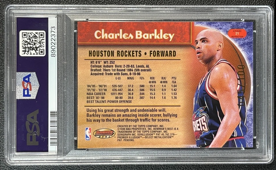 CHARLES BARKLEY PSA 9 1998-99 BOWMAN'S BEST #21 ATOMIC REFRACTOR 45/100 - Image 2 of 2