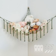 Stuffed Animal Storage Hammock with Wooden Beads Corner Hanging Avocadogreen