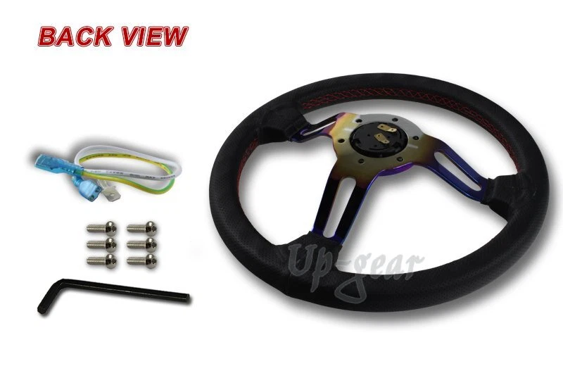 Volante de corrida 350 mm titânio azul vermelho costurado couro preto 3 raios - Imagem 3 de 3