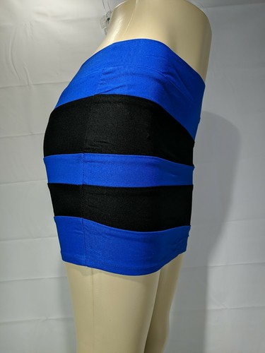 POOF APPAREL Junior's Blue & Black Striped Elastic Waist Stretch Mini Skirt sz M - Picture 5 of 12