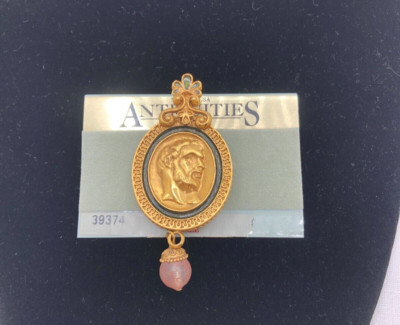 VINTAGE ANTIQUITIES Oval Gold Plated Face Shape Round Pink Glass Pendant Brooch