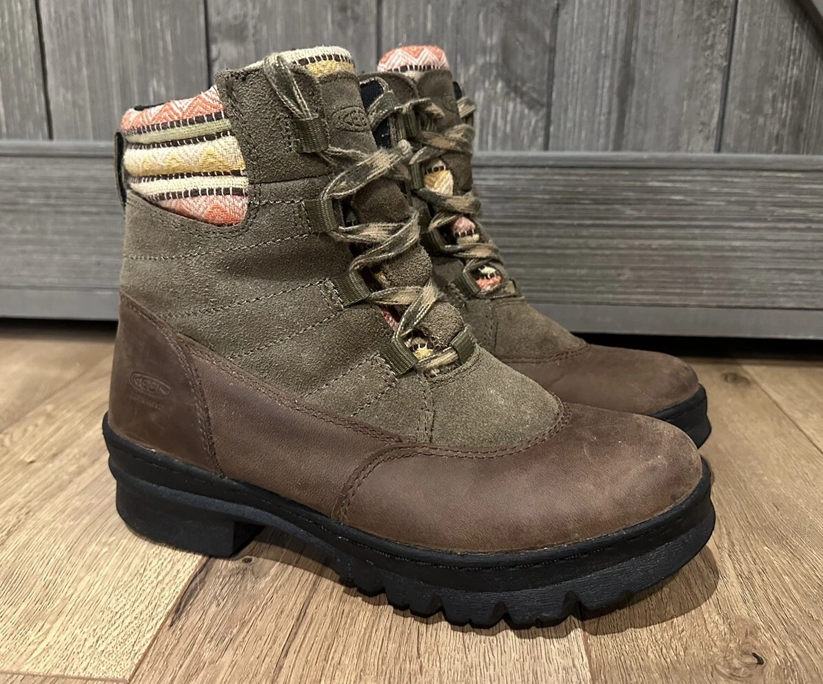 Keen Warm Wapato Mid Waterproof Brown Green Suede Women Hiking Boots Size 7.5