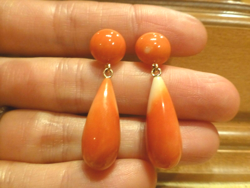 Vintage 14k or Jaune Sculpté Corail Tomate Rouge Orange Goutte Pendantes Boucles - Photo 2 sur 7