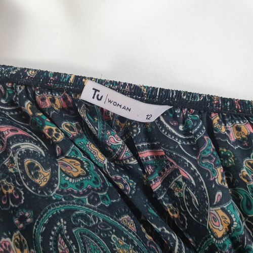 TU Woman Size 12 Peasant Top Blouse Black Paisley Shirred Long Sleeve Square Nec - Foto 13 di 15