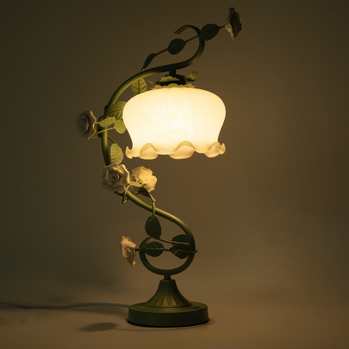 Green Flower Petal Table Lamp Bedroom Bedside Flower Night Light Glass Lampshade - Picture 11 of 18