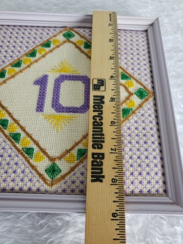 Cross Stitch Number Ten Framed Girl Birthday party Celebration purple yellow - Picture 4 of 6