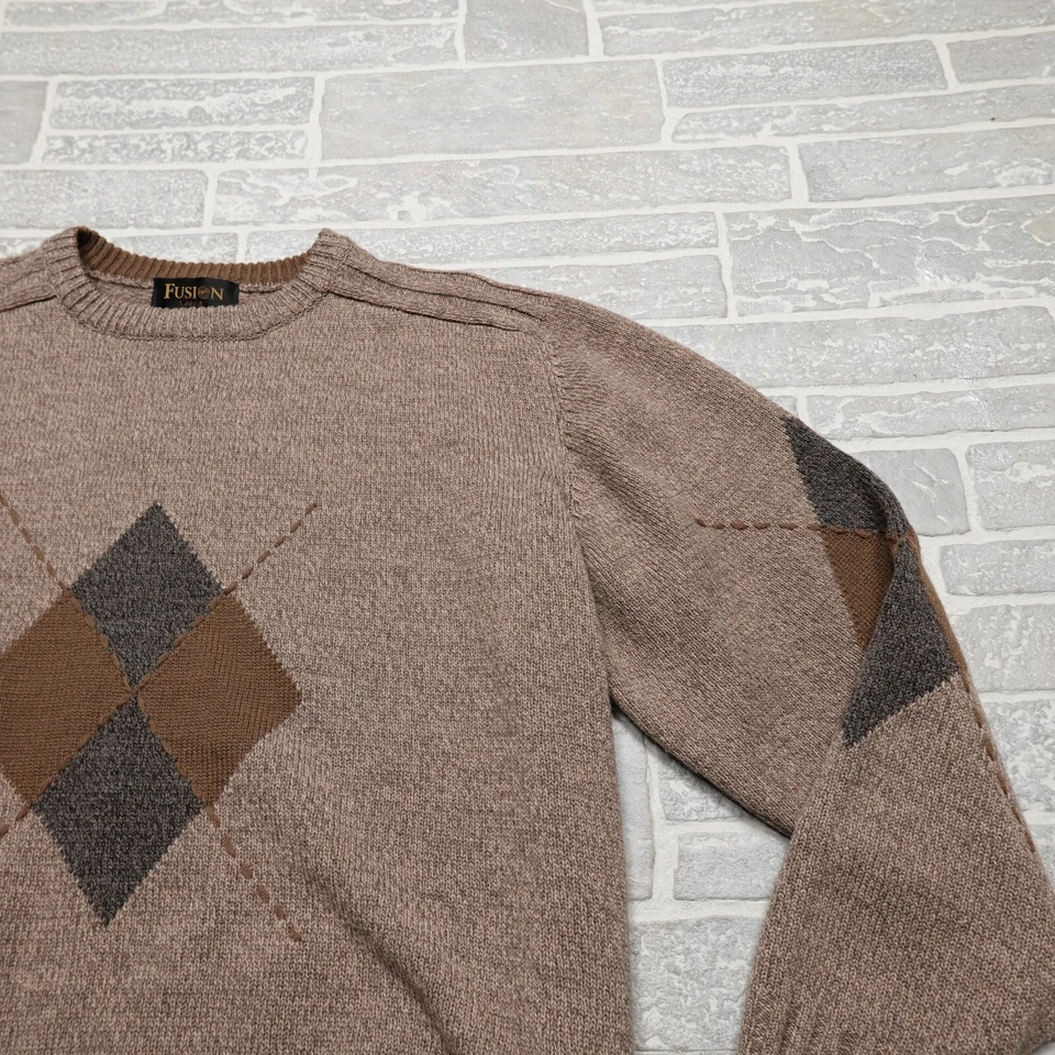 Suéter Fusion Para Hombre Grande Marrón Mezcla de Lana Argyle Grampa Cuello Redondo Foto 3 de 4