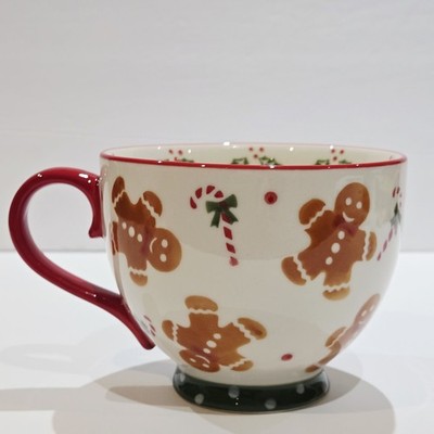 Sleigh Bell Bistro Christmas Footed Coffee Mug Cup Gingerbread Candy Canes Holly