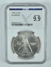 1992-D Olympic Baseball Commemorative Silver Dollar Mint State 9.9 NGC X