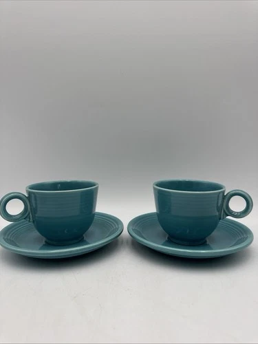 Vintage Homer Laughlin Fiestaware Medium Turquoise Cup & Saucer Set (Pair)