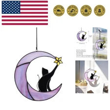 6.5'' Black Cat Decor on Purple Moon Stained Glass Window Hanging Suncatcher,...