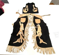 Leather Suede Fringed Cowboy Chaps Vest Medium Childs Black Tan Longhorn*J