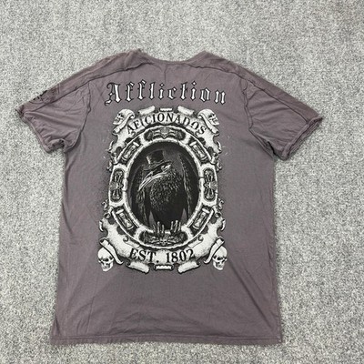 Affliction Shirt Mens 2XL Gray Raven Skull Aficionados V Neck Graphic Biker Tee