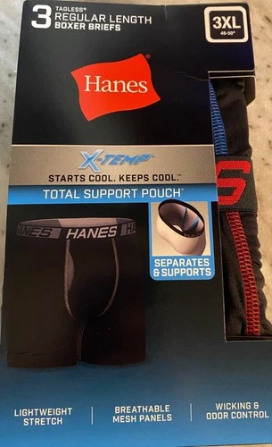 3 HANES Tagless Regular Length Boxer Briefs Underwear X Temp Support 3XL
