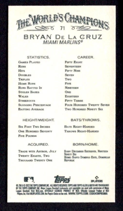2022 Topps Allen & Ginter Black Border Mini Bran De La Cruz Rookie #71 - Image 2 of 2