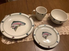14-piece Folkcraft stoneware - Rainbow Trout by Scotty Z - plates, bowls, mugs 