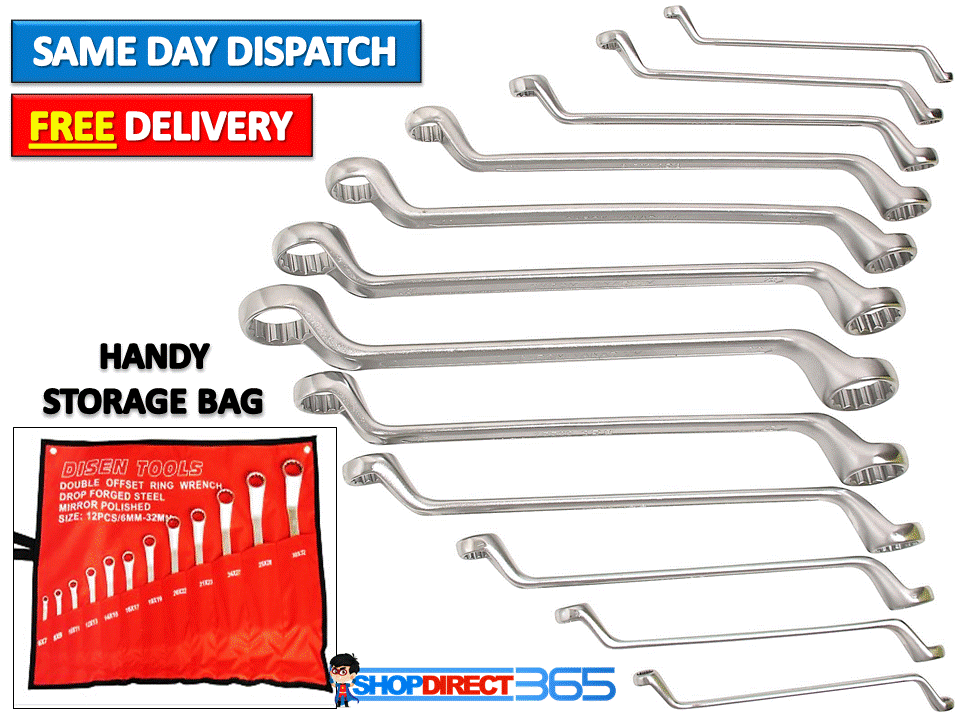 RING SPANNER WRENCH SET 12PC 6mm 32mm Metric Ring Deep Double Offset
