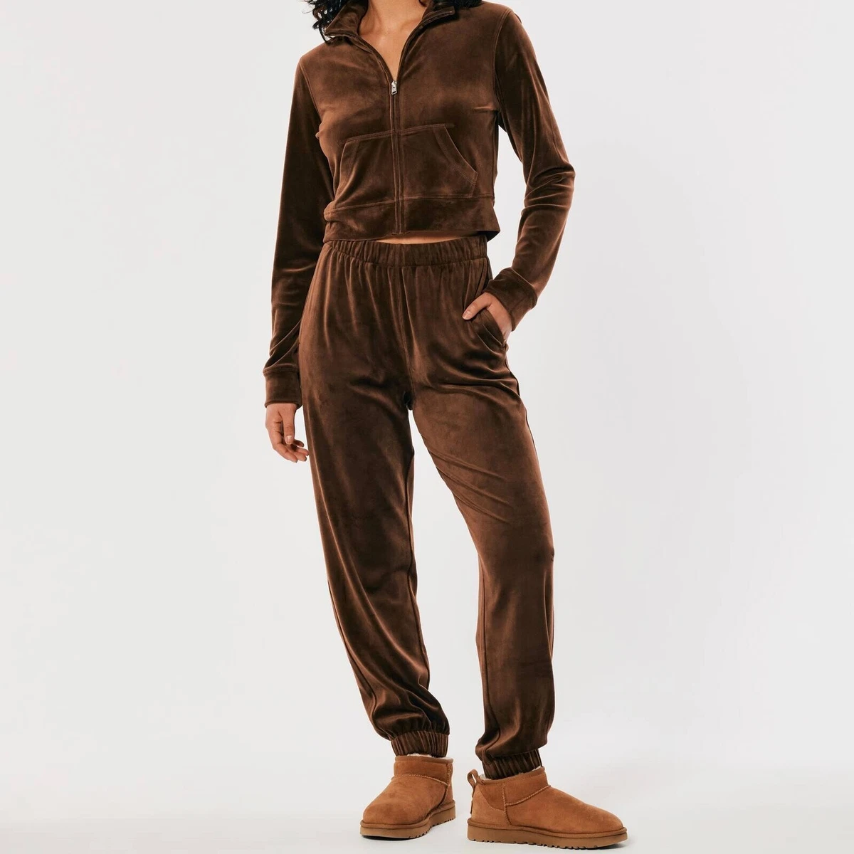 Hollister Two Piece Matching Set Brown Velour Tracksuit Sweatshirt Joggers L