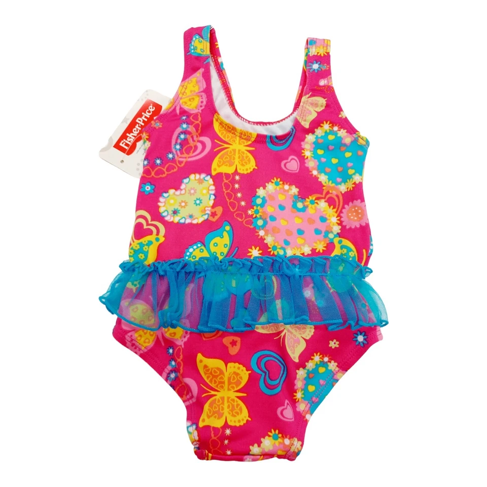 Fisher Price Swimsuit w/Blue Ruffle-12M Baby Girls-Pink-Butterflies-1 Piece - Image 2 of 3