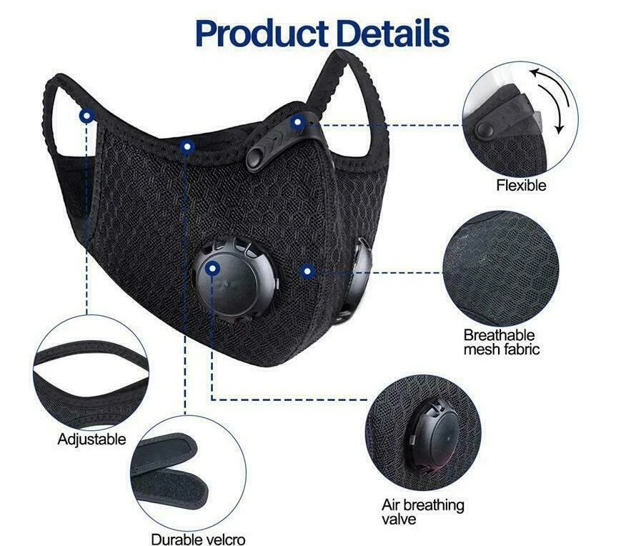Mascarilla facial reutilizable válvulas respiratorias deportes ciclismo aire libre filtro de carbón activo Foto 3 de 4