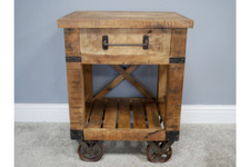 Solid Mango Wood Industrial Bedside / Side Table on Wheels