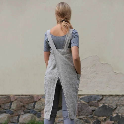 Lässiges lockeres Damenkleid Baumwolle Leinen Hausarbeit Wickeloptik gekreuzter Rückenschürze - Bild 7 von 26