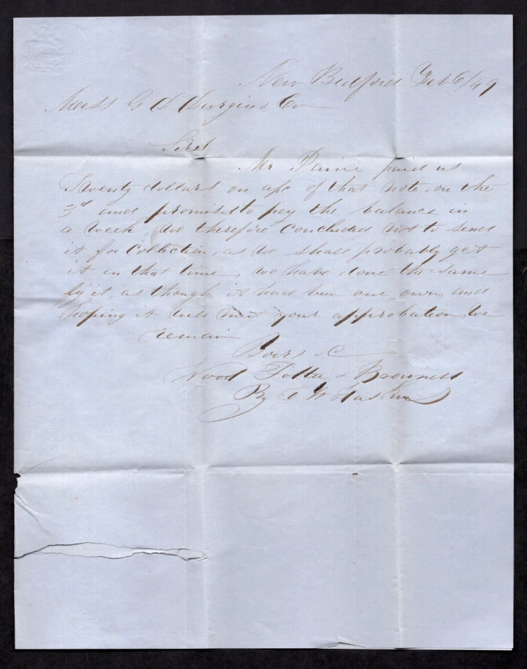 US 1849 NEW BEDFORD, MASS. & "5" POSTAGE BOTH IN RED ON FOLDED LETTER TO BOSTON - Image 3 of 4