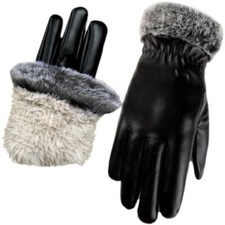 Women PU Gloves Faux Fur Trim Fleece Lined Thicken Thermal Riding Driving Winter